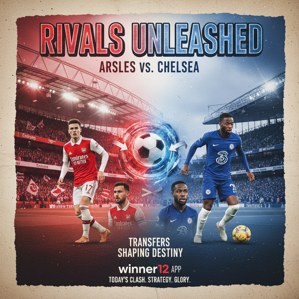 Alt text: Realistic poster showing Arsenal and Chelsea soccer players in action kits, iconic stadium background, passionate fans in team colors, highlighting key player transfers impacting today’s Premier League match, with subtle winner12.ai branding.