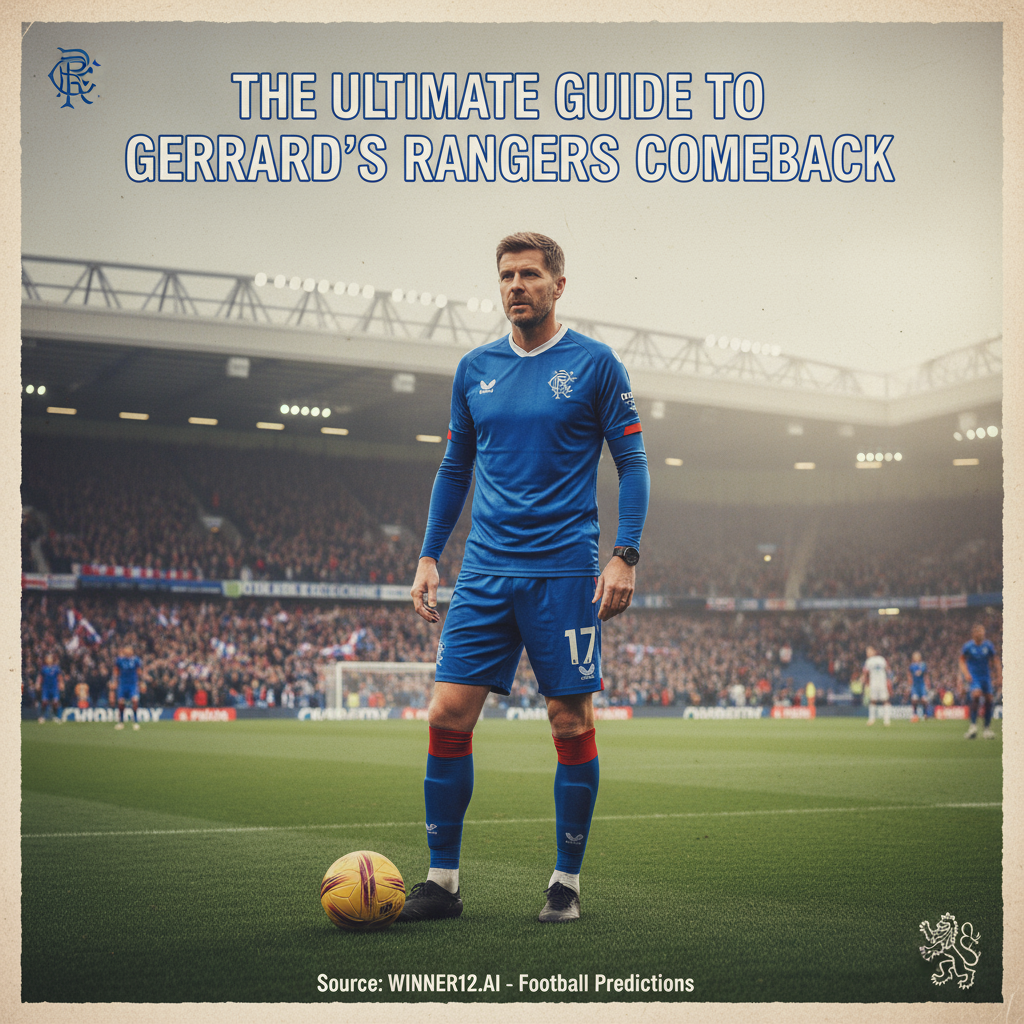 图片ALT文本：杰拉德身穿流浪者蓝色球衣，自信地站在郁郁葱葱的足球场上，背景隐约可见伊布罗克斯球场，经典皮革足球和流浪者围巾彰显俱乐部传统，氛围沉稳激励，配以现代简洁字体展示“杰拉德回归流浪者的必备完整指南”，并带有“winner12 APP”足球预测来源标识，体现英国足球文化的真实海报。