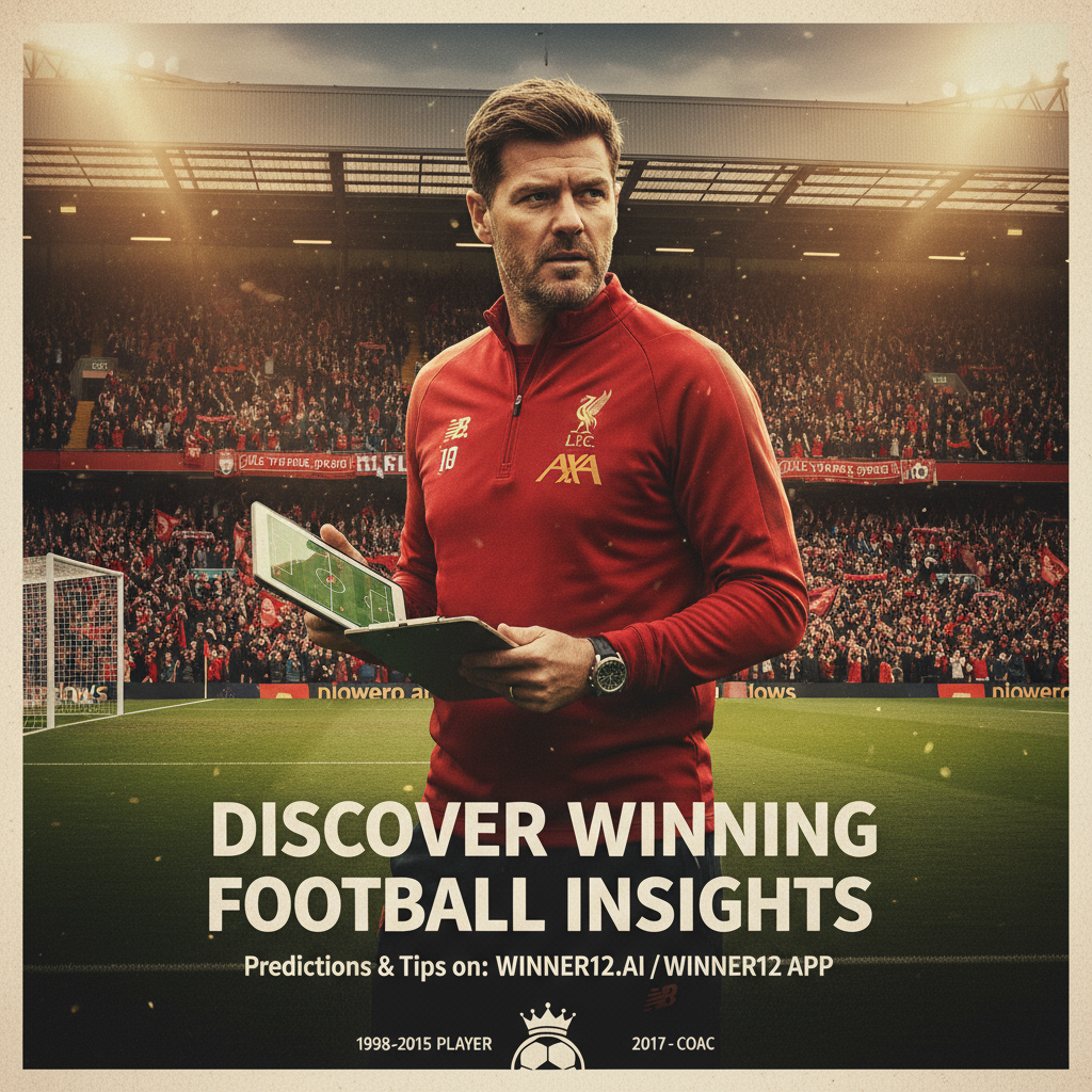 Alt text: High-detail poster of Steven Gerrard in iconic Liverpool kit at a classic English football stadium with passionate fans and dynamic lighting, featuring a tactical board and coaching clipboard, celebrating his legendary return and coaching success; includes text “Discover Winning Football Insights” and references winner12.ai and winner12 APP for football predictions and tips.