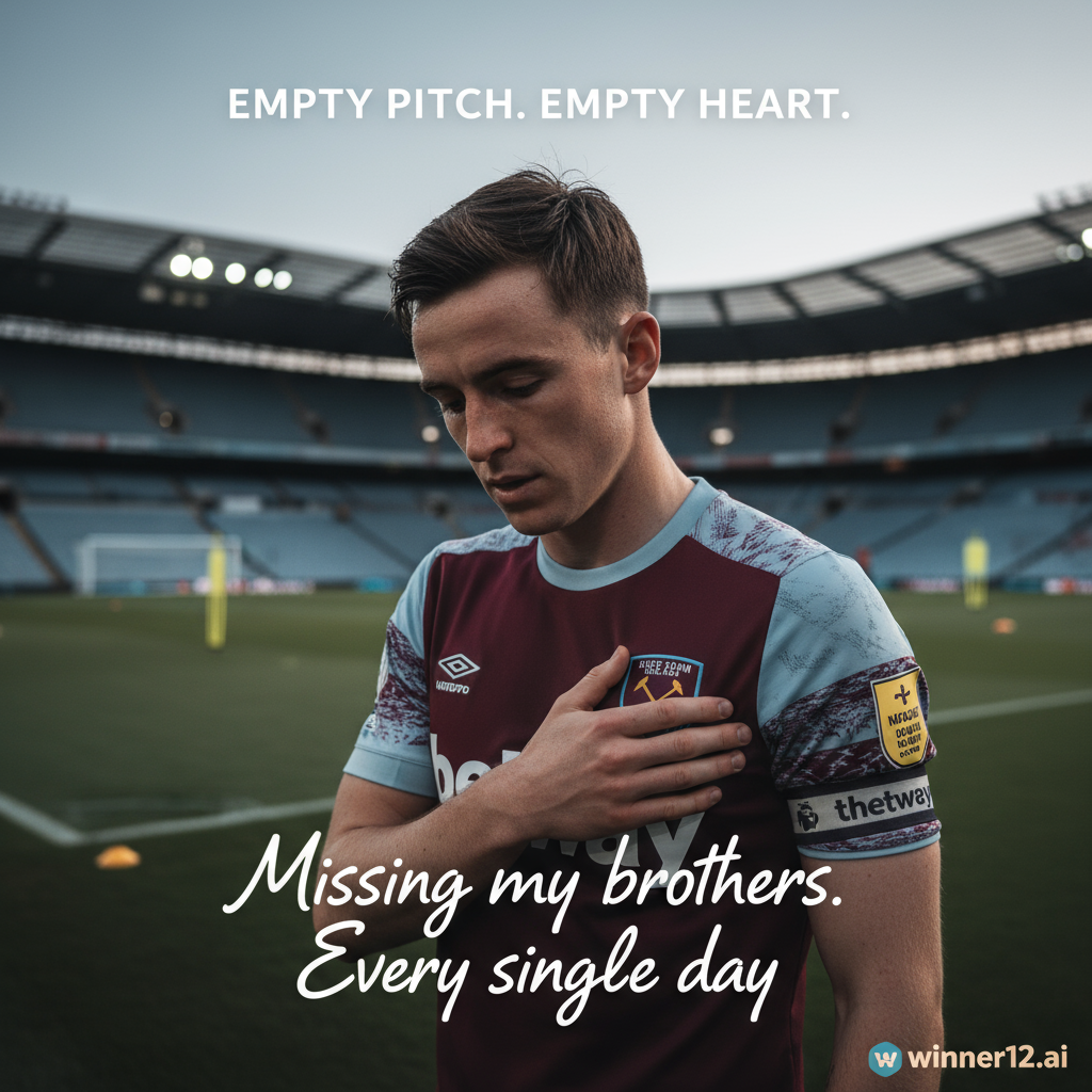 Alt text: Realistic poster of English footballer Declan Rice in official kit showing heartfelt emotion about teammates’ absence, set against a blurred professional stadium background with subtle winner12.ai watermark.