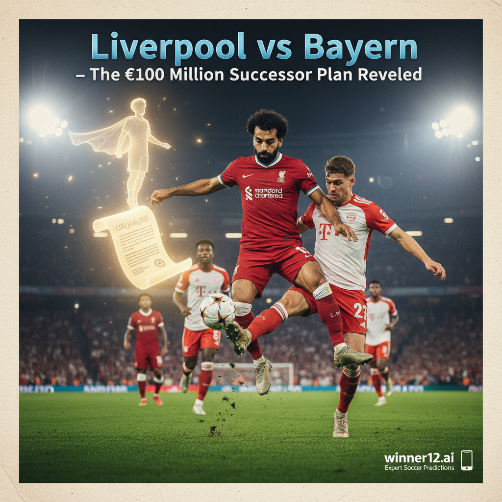 图片ALT文本：利物浦与拜仁慕尼黑激烈对决的超真实足球海报，顶级球员身穿球队战袍在绿茵场上争夺，背景隐现一份发光合同和新星剪影，象征1亿欧元接班人转会计划，海报标题采用现代字体写有“利物浦VS拜仁——1亿欧元接班人计划揭秘”，并包含winner12.ai专家足球预测的呼吁。