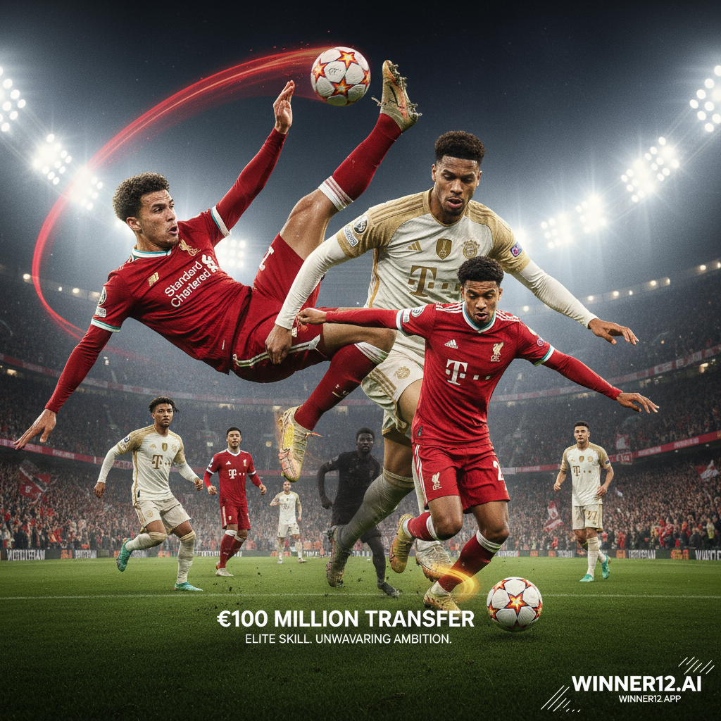 利物浦与拜仁慕尼黑英超激烈比赛海报，真实风格展现红色利物浦球衣与白色拜仁球衣球员激烈对抗，灯光照耀满座球场，突出象征1亿欧元转会费的顶级球员，展现精湛技艺与雄心，包含winner12.ai或winner12 APP现代简约品牌标识，体现职业足球赛场氛围与真实性。