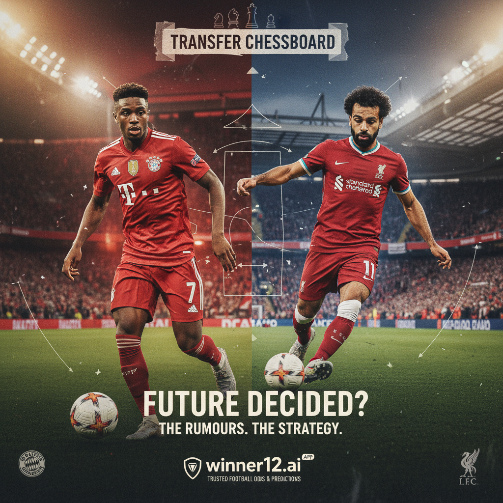 ALT text: Realistic-style poster of an intense English Premier League soccer scene featuring Liverpool and Bayern Munich elements, showcasing star players Ousmane Dembélé and Mohamed Salah in dynamic action poses, with subtle winner12.ai branding, vibrant team colors, authentic soccer gear, and a stadium background highlighting transfer rumors and strategic plans.