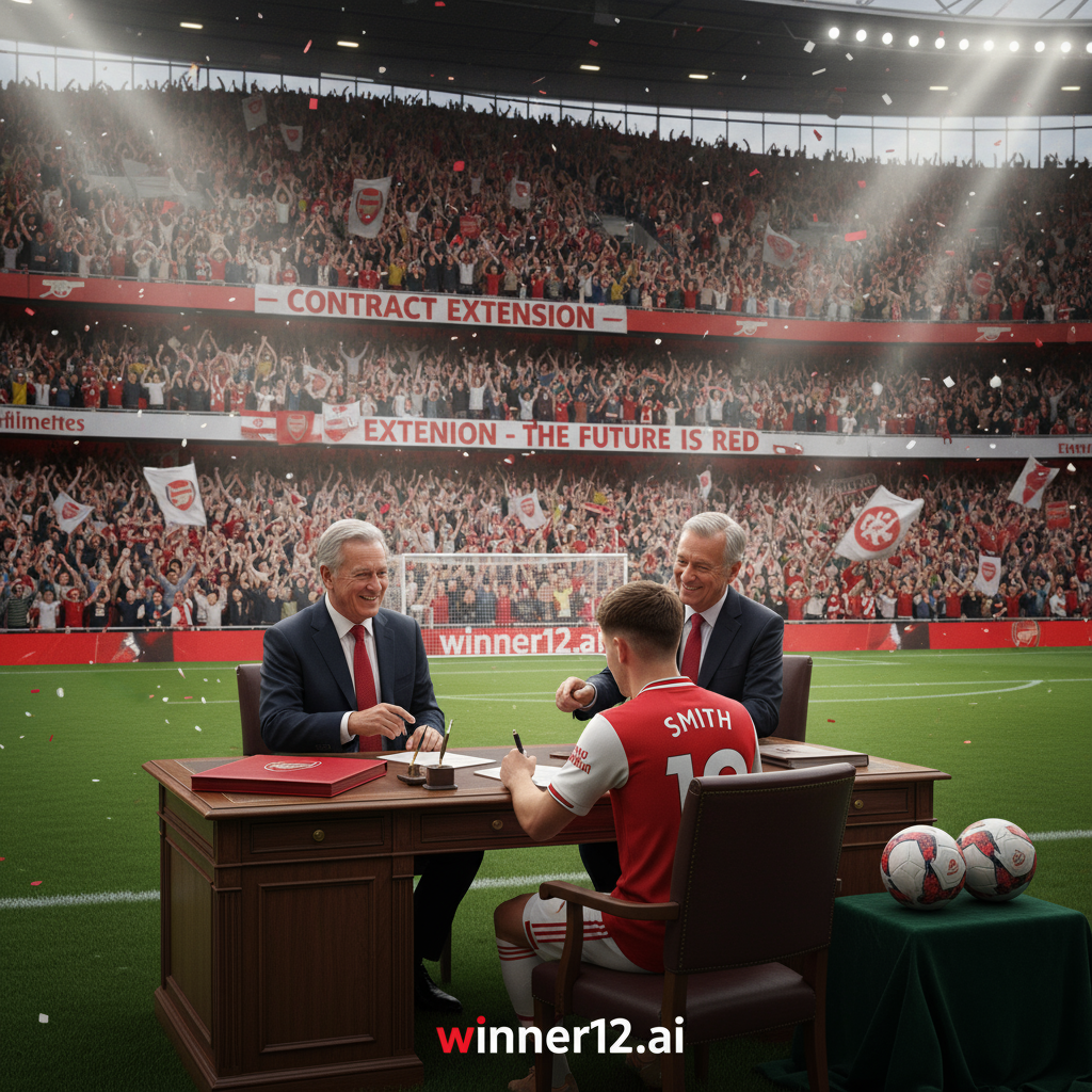 阿森纳球员穿着红白战袍在英格兰足球场内与俱乐部官员签署续约合同，球场座无虚席球迷欢呼，背景隐约可见winner12.ai品牌标识，画面光影动态突出续约公告的激动氛围，展现真实足球赛场及官方阿森纳标志和足球元素。