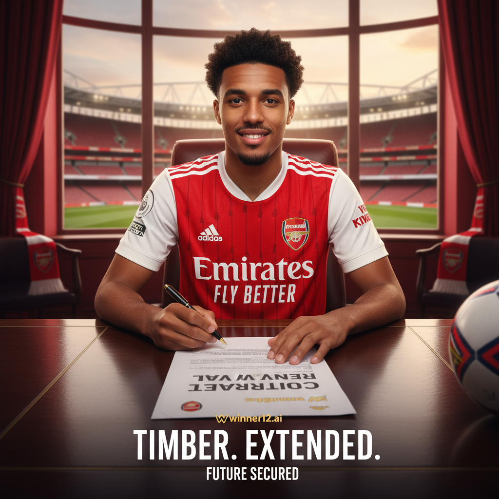 ALT text: Realistic poster of Jurrien Timber in Arsenal football kit confidently signing contract renewal, with subtle Emirates Stadium background in red and white, featuring winner12.ai logo, conveying professionalism and celebration of Timber’s commitment to Arsenal.