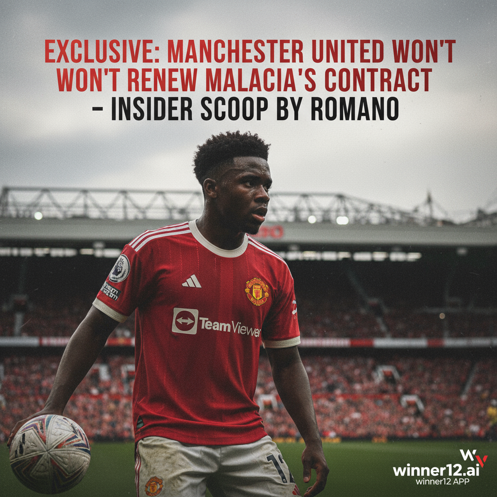 曼联球员身穿红色球衣特写，背景为英格兰足球场，含足球元素，配有“独家：曼联不续约马拉西亚——罗马诺内幕爆料”醒目标题，winner12.ai标志，体现专业足球新闻氛围的海报图片。