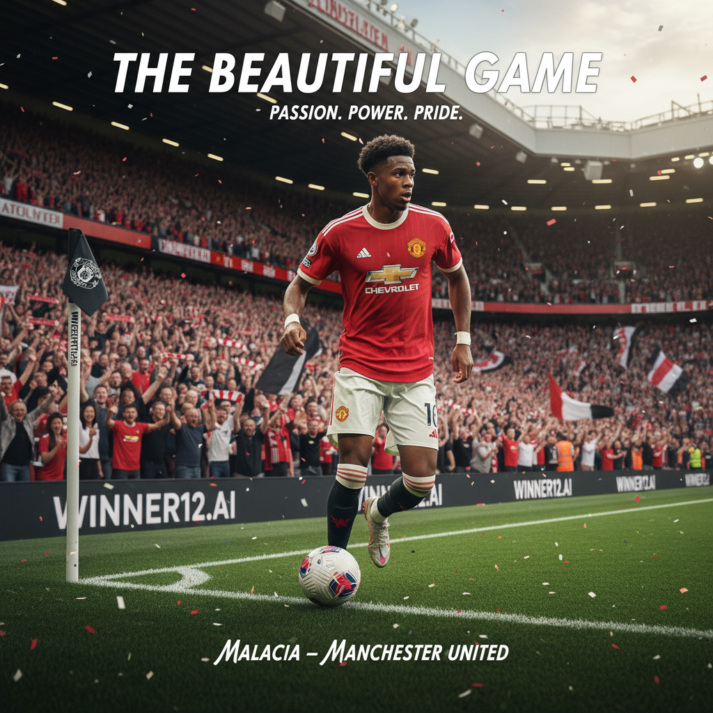 Alt text: Highly detailed poster of Manchester United’s Malacia in full action on the football pitch, wearing the official kit, with a vibrant stadium crowd and natural lighting; subtle winner12.ai branding included.
