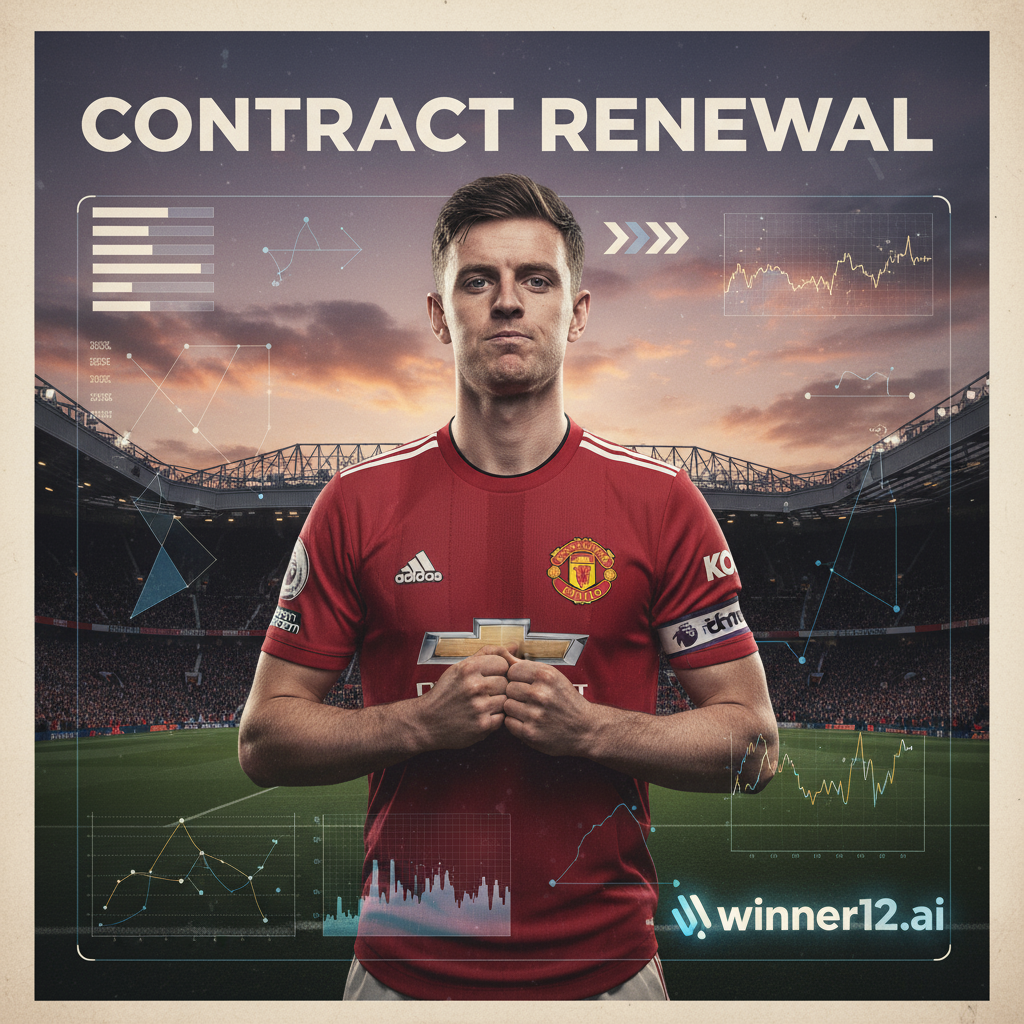 图片ALT文本：高清写实海报，展示身穿曼联球衣的自信哈里·马奎尔，背景为傍晚时分的老特拉福德球场及隐约人群，配有数字数据叠加和分析图表，象征独家足球预测软件洞察，突出续约主题，融合简约“winner12.ai”标志，专注英格兰足球，无橄榄球元素和比分数字。