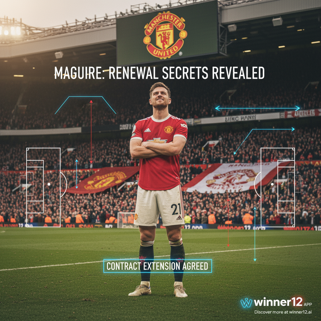 Alt text: Photorealistic poster of Harry Maguire in a Manchester United jersey announcing his contract renewal, set against a classic English football stadium background with subtle Manchester United branding and tactical chart overlays, featuring the text 