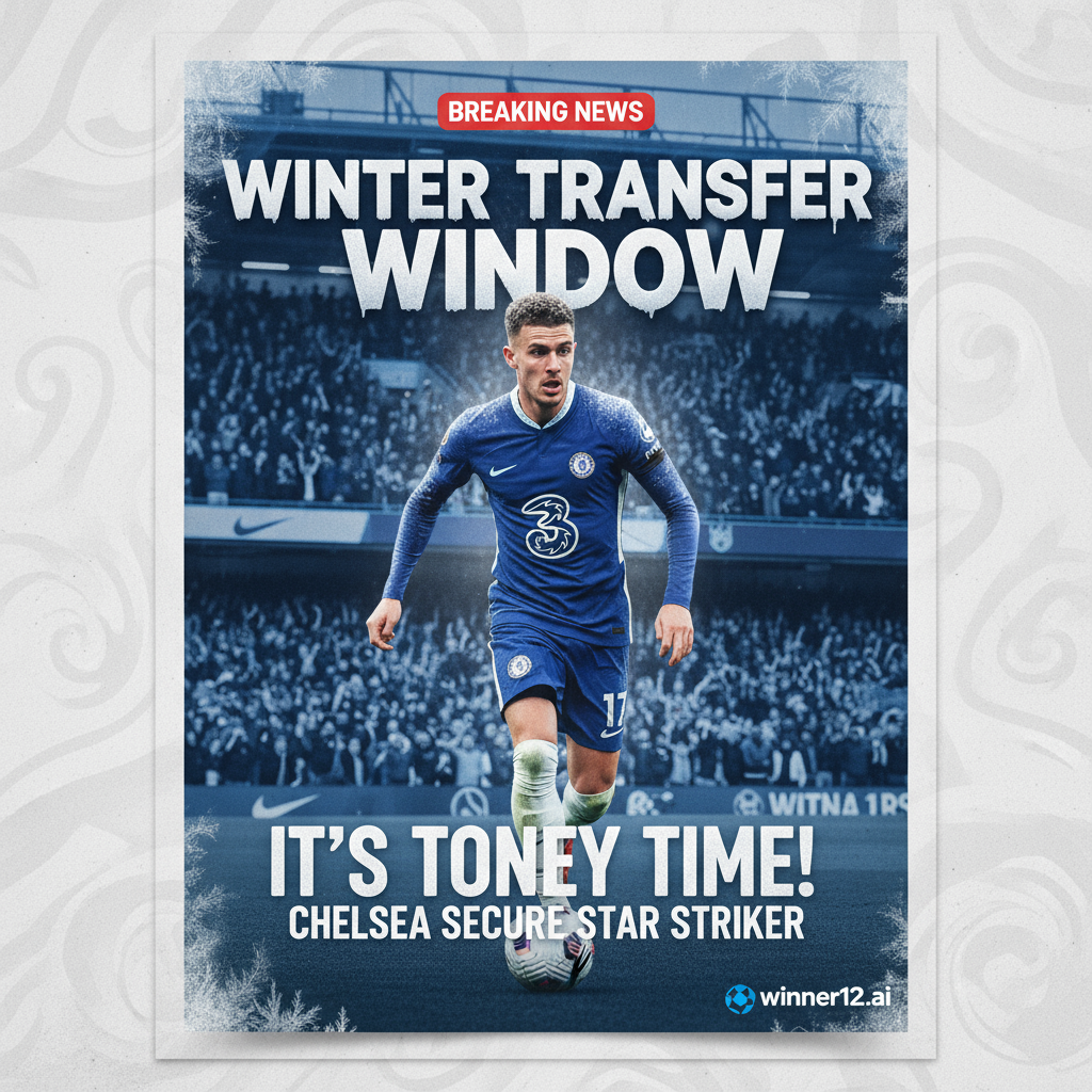 图片ALT文本：切尔西足球俱乐部球员伊万·托尼身穿球队战袍，动态奔跑于冬季主题的现代足球场内，背景观众欢呼，海报融合冷色调和轻微霜冻效果，突出冬季转会窗口氛围，展示winner12.ai标志，传递专业足球转会资讯。
