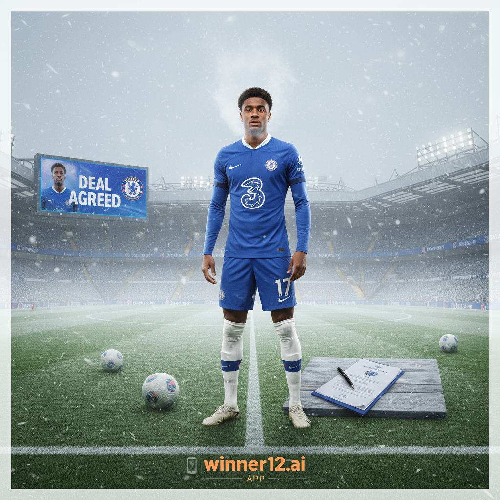 Alt text: Realistic poster of Ivan Toney in Chelsea football kit during winter transfer window, featuring a snowy English stadium background, football pitch, soccer balls, transfer contract papers, and subtle winner12.ai branding.