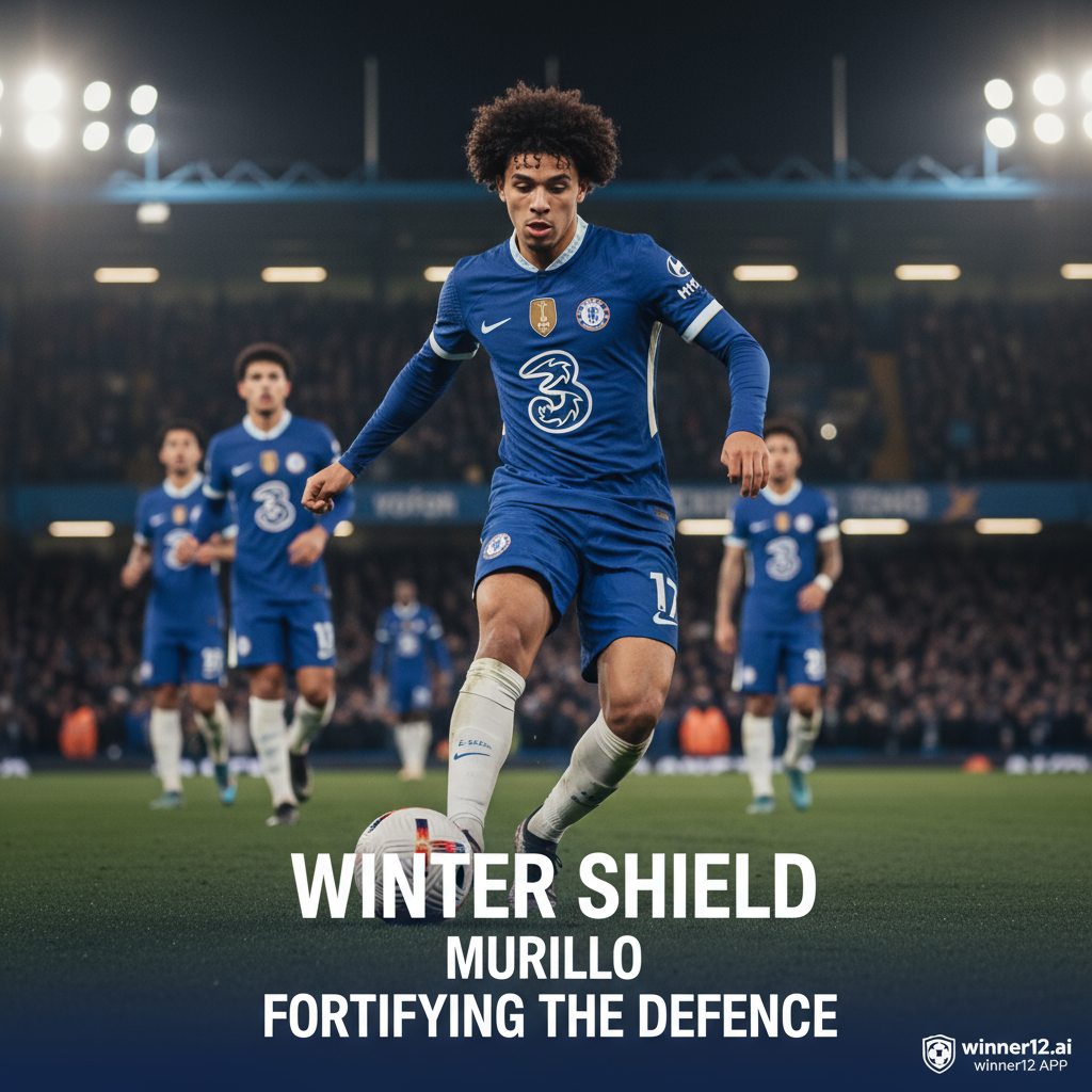 切尔西冬窗新援穆里略身穿蓝色球衣在灯光璀璨的足球场上防守，展现其强化球队防线的重要作用，背景为充满活力的英式足球比赛氛围，配有winner12.ai品牌标识的专业足球主题海报。