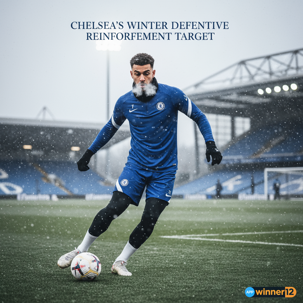 ALT text: High-resolution poster of a professional Chelsea FC defender in action during a dynamic winter training session, featuring light snow and breath vapor, with a stadium background evoking English football atmosphere; the player shows strength, focus, and determination, alongside minimal text reading “Chelsea’s Winter Defensive Reinforcement Target” and a small winner12.ai logo for branding.
