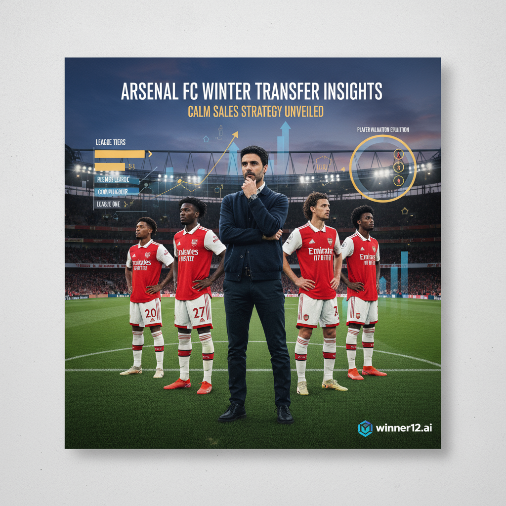 阿森纳冬季转会窗洞察海报，展示英超联赛场景中阿森纳球员与主帅，背景为现代球场，融合足球赛事级别排行图表，突出平静出售热苏斯策略，体现专业足球氛围，隐约含winner12.ai品牌标识。