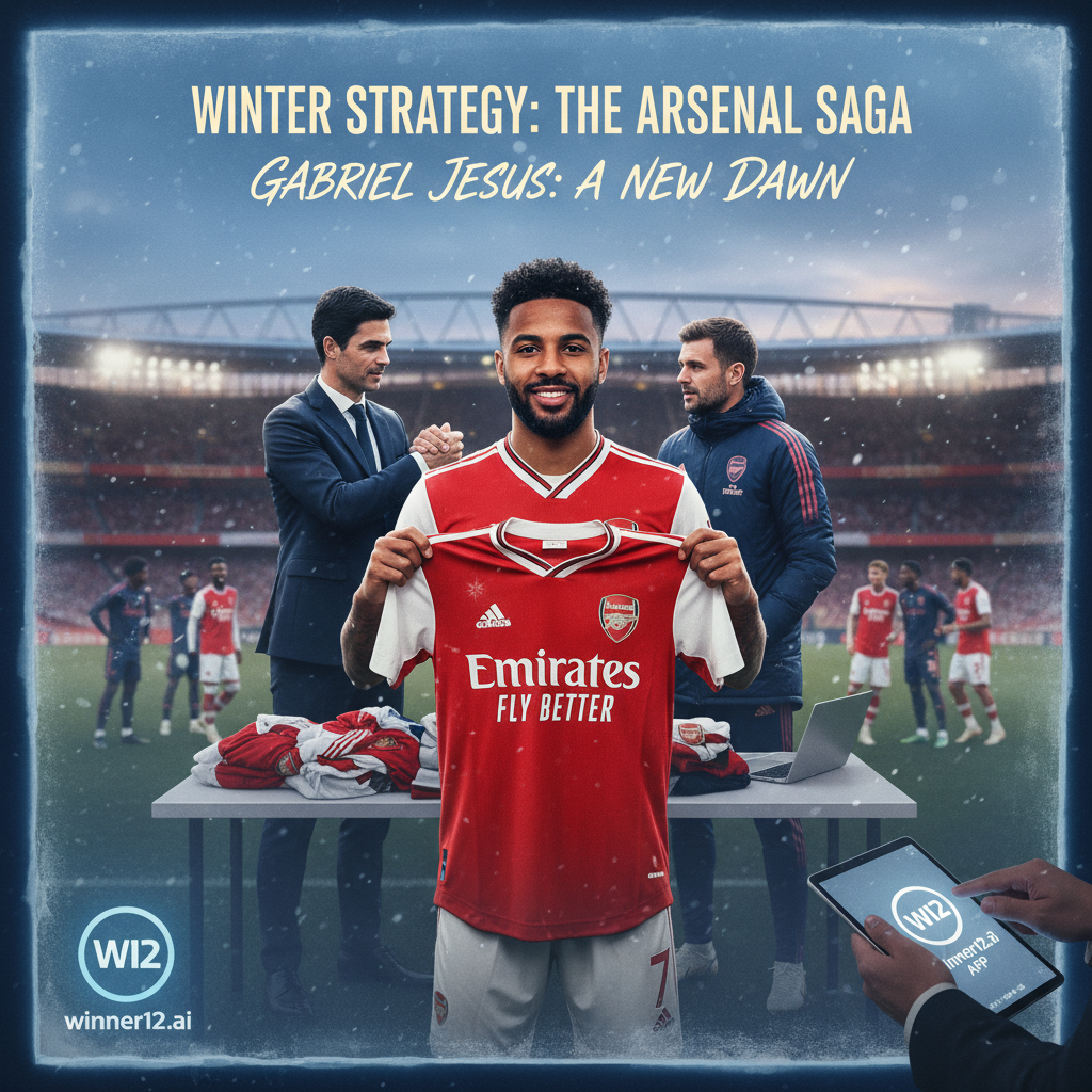 Realistic and detailed poster of Arsenal football team in a calm winter transfer window, highlighting subtle player movements and behind-the-scenes negotiations focused on Gabriel Jesus’s transfer story, featuring iconic Arsenal jerseys and stadium under winter lighting, with winner12.ai logo subtly included to emphasize prediction insights, conveying strategic planning and quiet confidence in English soccer.