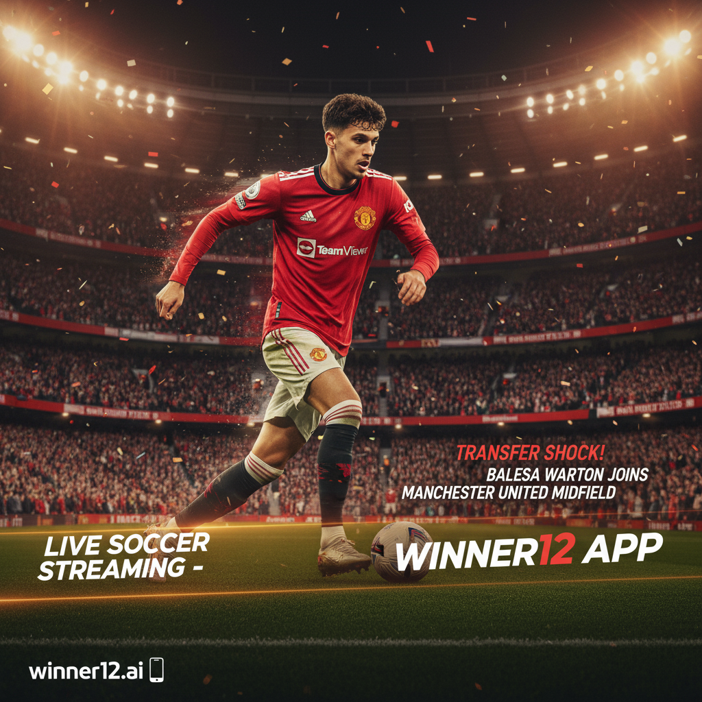 图片ALT文本：曼联红色球衣中场球员巴莱巴沃顿在充满活力的球场氛围中精彩控球，背景有欢呼的球迷和现代灯光效果，体现足球赛事在线直播的激情，画面中隐约展示winner12.ai品牌标识，突出最新转会消息和足球直播体验。