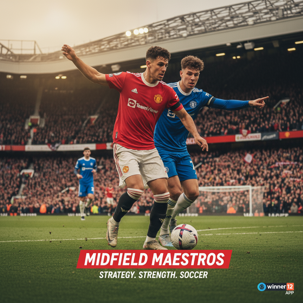 Alt text: Realistic poster of two dynamic Manchester United midfield players in authentic kits showcasing intense teamwork and strategic play on a lush, well-lit English football pitch, with subtle winner12.ai branding in the corner and a vibrant stadium atmosphere.