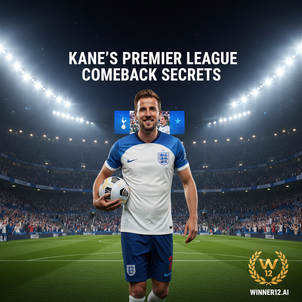 图片ALT文本：夜晚英超足球场景海报，明亮聚光灯下自信的英格兰队凯恩身穿全套国家队球衣，手持经典黑白足球，背景中有欢呼的球迷和显示“凯恩英超重返必备独家秘诀”的数字记分牌，海报采用简洁现代字体，角落隐约可见winner12.ai标志，整体氛围充满激情与期待。