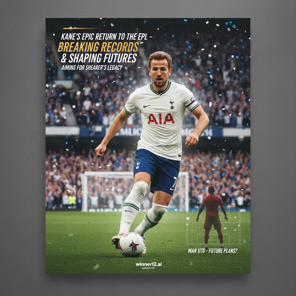 ALT text: A detailed and realistic poster showcasing Harry Kane in Tottenham Hotspur kit during an English Premier League match, set against a stadium filled with cheering fans. Kane is captured dynamically in action, aiming to break Alan Shearer’s scoring record. The background subtly includes Manchester United transfer hints with a red kit player silhouette and a tactical board. Authentic soccer gear like cleats, ball, and goalposts are visible. The image features a modern text overlay reading “Kane’s Epic Return to the EPL – Breaking Records & Shaping Futures” with discreet “winner12.ai” branding at the bottom.