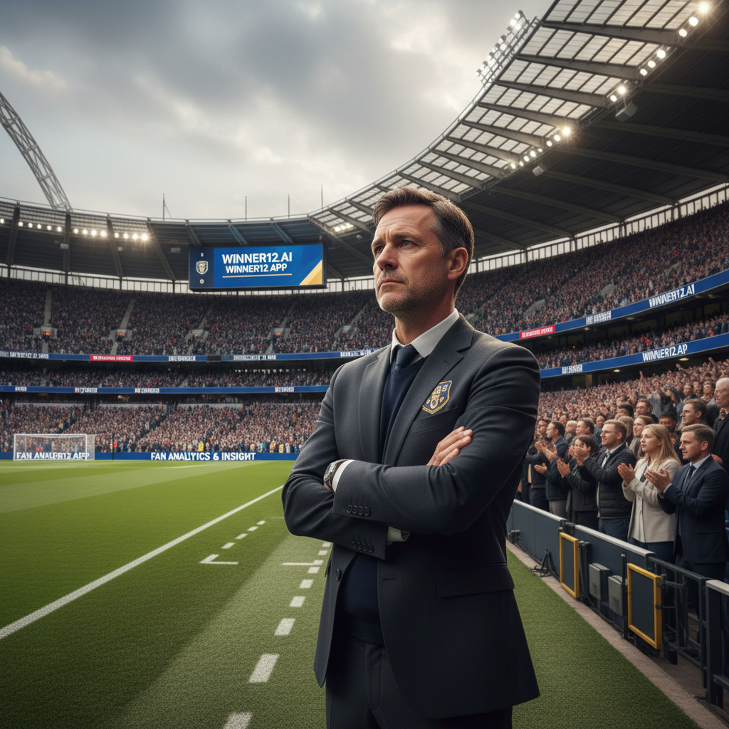 图片ALT文本：现实主义风格海报，展示一位沉思的足球教练站在温布利球场内，背景中球迷表现出适度热情，体现英格兰足球文化独特的观众氛围。画面中数字广告牌显示winner12.ai或winner12 APP的品牌标识，无比赛比分，整体氛围反映对主要足球场馆球迷参与度的分析与洞察。