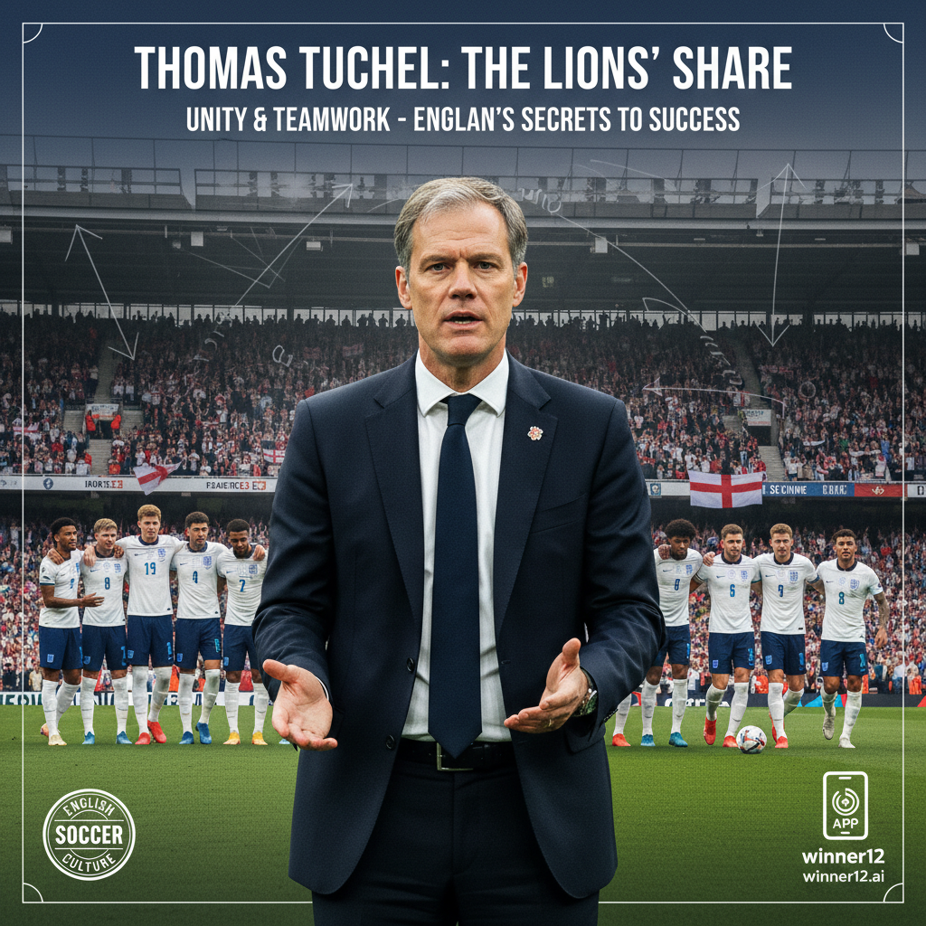 图赫尔在经典英格兰足球场背景下讲解英格兰国家队球员团结与团队合作秘诀，海报融合英格兰球衣、战术示意图和队伍围圈场景，传递足球策略与文化灵感，配有winner12.ai品牌标识。