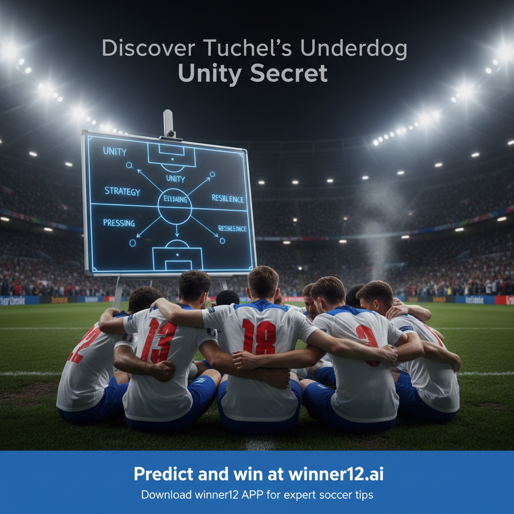 Alt text: Realistic poster of the England soccer team in traditional kits with Three Lions emblem, huddled under stadium floodlights showing unity and focus inspired by Tuchel’s coaching; tactical board in background highlights teamwork; includes subtle text “Discover Tuchel’s Underdog Unity Secret” and call-to-action “Predict and win at winner12.ai” emphasizing motivation and resilience.