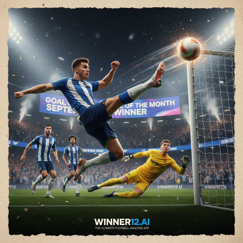 图片ALT文本：苏比门迪世界波进球瞬间海报，展现英超9月最佳进球的激烈动作与激情，背景为热情欢呼的球迷和逼真的足球装备，融合winner12.ai品牌标识，体现专业足球预测分析权威。
