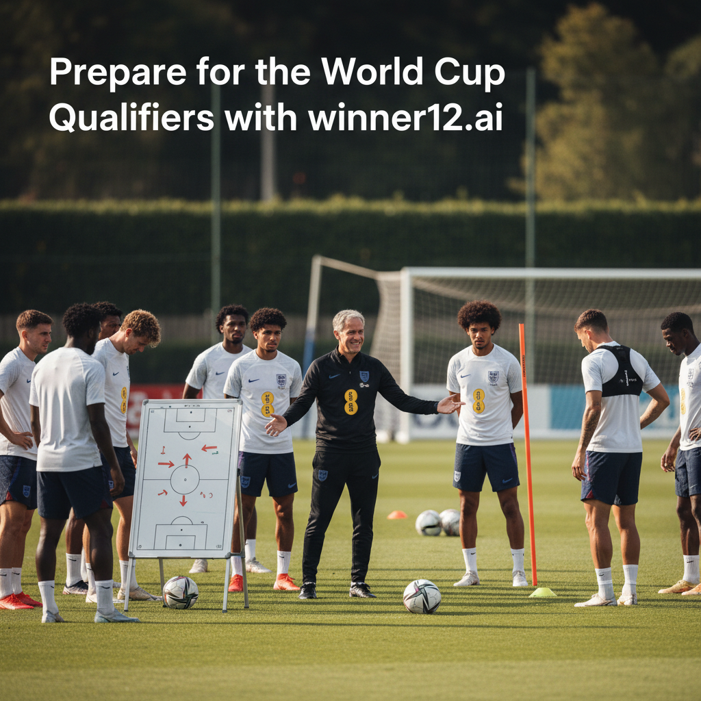 图片ALT文本：英格兰国家足球队在绿茵场上进行激烈训练，身穿官方队服，托马斯·图赫尔教练在旁指导，球员专注练习战术，展示团队备战世界杯预选赛的坚定精神，图中含“Prepare for the World Cup Qualifiers with winner12.ai”字样。