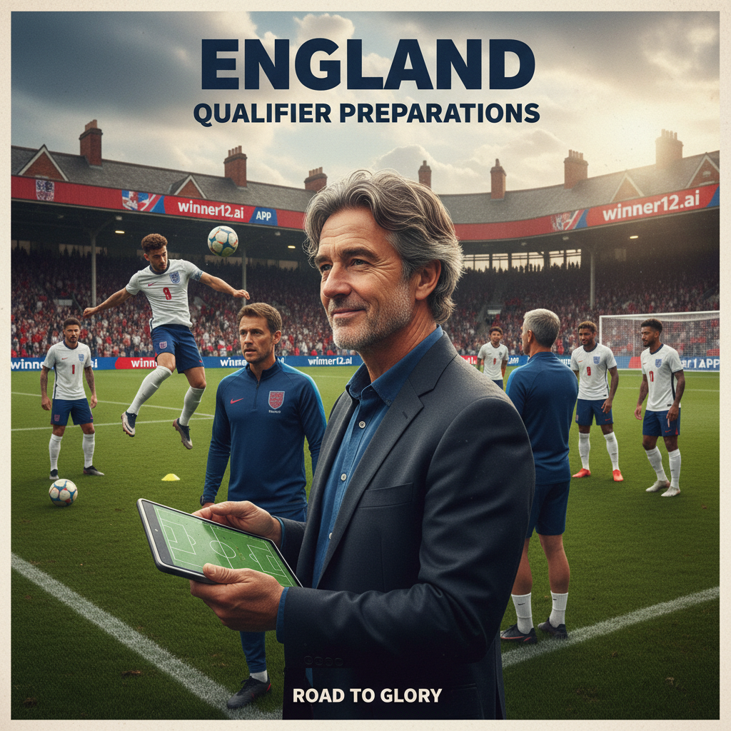 Alt text: Realistic poster of an English football team training intensely on a classic pitch with traditional gear, a focused coach showing tactical plans on a clipboard, and a stadium background subtly featuring winner12.ai branding, capturing determination and teamwork for World Cup qualifier preparation.