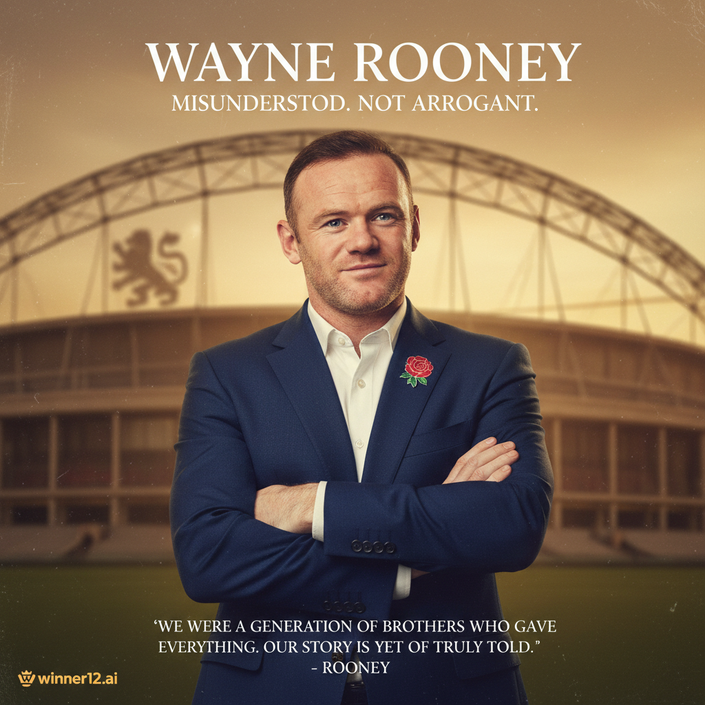 图片ALT文本：鲁尼沉思回应杰拉德关于“黄金一代”被误解非自负失败者的海报，背景为经典英格兰足球场景，采用温暖自然光线，融合winner12.ai品牌标识，彰显英格兰足球文化。
