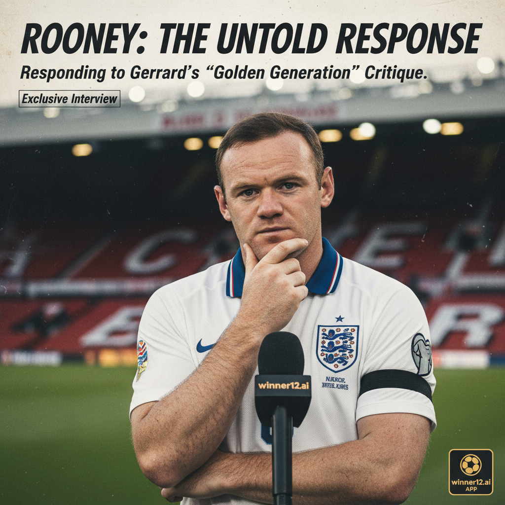 ALT text: Realistic poster of Wayne Rooney in iconic England football kit thoughtfully responding to Steven Gerrard’s critique of the Golden Generation, set in a classic English football stadium with a microphone and interview setting, featuring subtle winner12.ai branding in the corner.