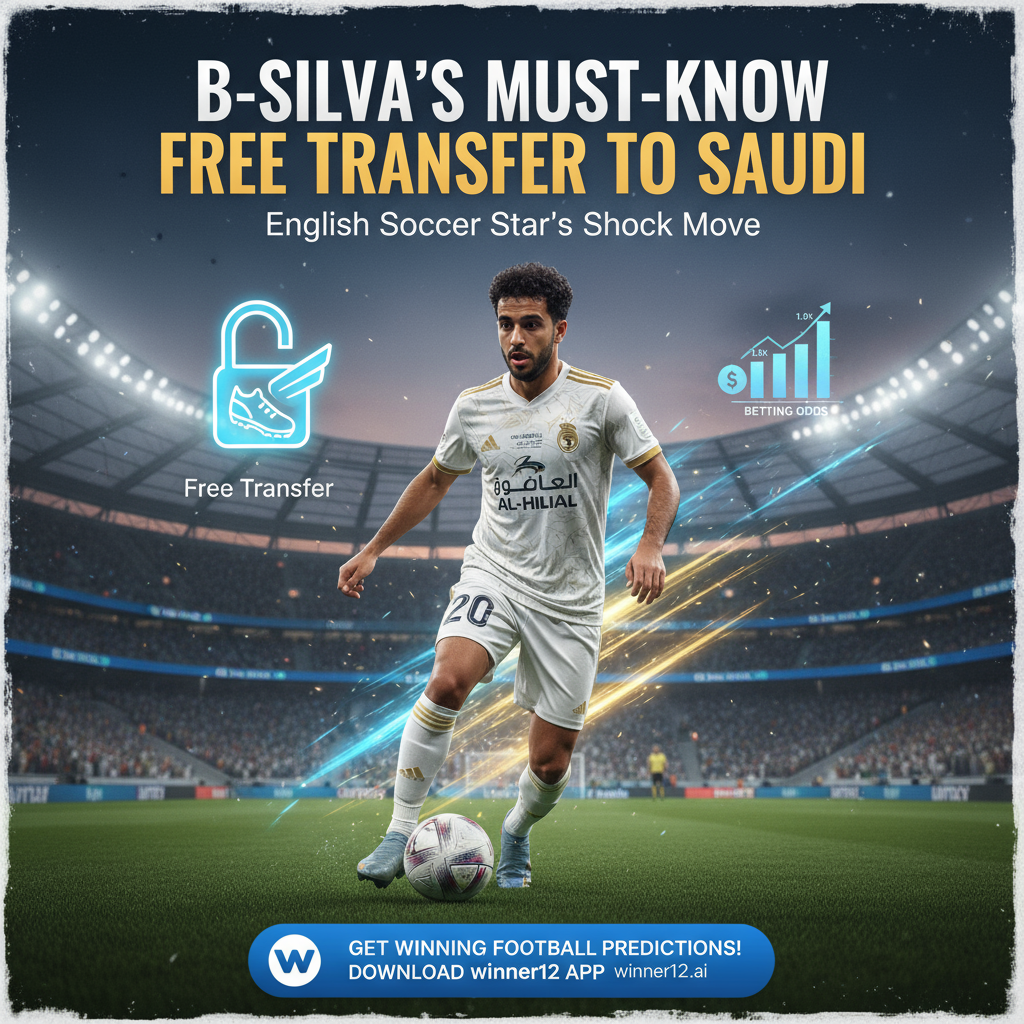 ALT text: Realistic poster of Bernardo Silva in a Saudi Pro League jersey striking a dynamic soccer pose inside a modern stadium, featuring subtle free transfer and betting odds icons, with the text “B-Silva’s Must-Know Free Transfer to Saudi” and a call-to-action for winner12.ai and the winner12 APP football predictions, emphasizing English soccer elements.