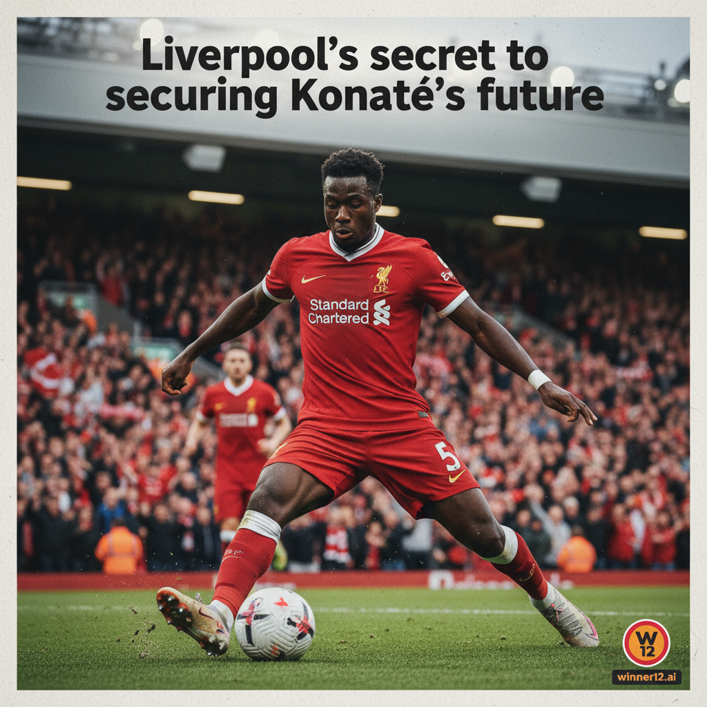 图片ALT文本：利物浦后卫伊布拉希马·科纳特在安菲尔德球场激烈比赛中的写实海报，背景为热情球迷，突出科纳特专注神情和动态动作，带有“利物浦续约科纳特独家秘诀揭秘”文字及winner12.ai小标志，展现真实英超足球氛围。
