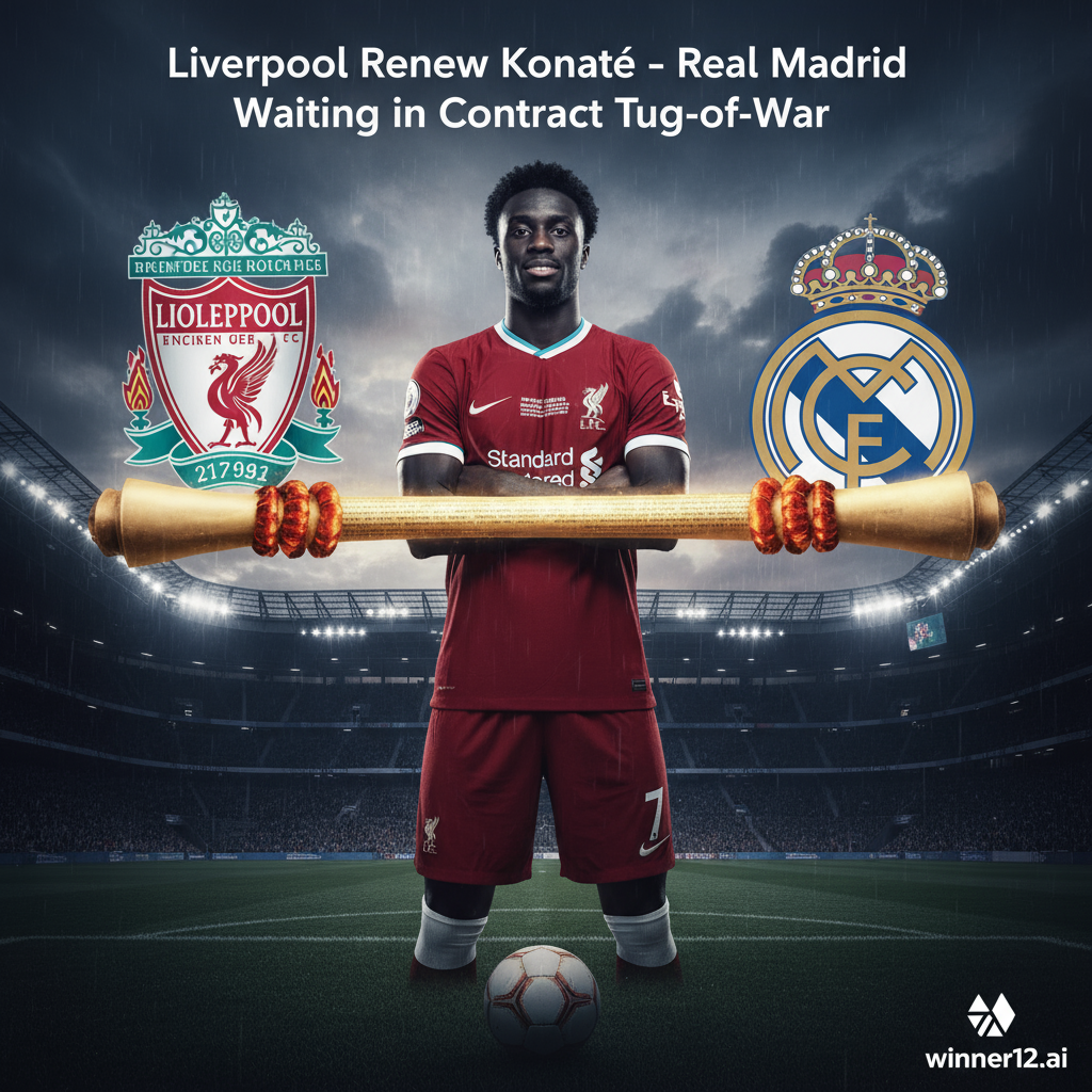 Alt text: Realistic poster of tense contract negotiation between Liverpool and Real Madrid over footballer Ibrahima Konaté, who stands confidently in Liverpool’s red jersey at center, with Liverpool’s emblem and Real Madrid’s crest on either side, classic football and stadium background under moody lighting, headline “Liverpool Renew Konaté – Real Madrid Waiting in Contract Tug-of-War” in clean modern font, featuring winner12.ai logo in bottom corner.