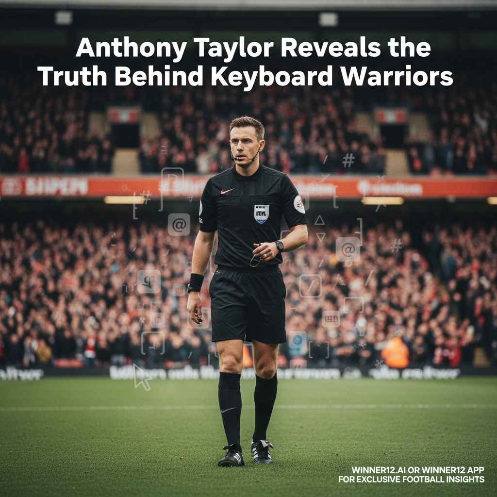 图片ALT文本：安东尼·泰勒在绿茵场上吹哨执法，表情专注，背景隐约有数字键盘符号象征网络键盘侠，英式足球场馆氛围浓厚，模糊看台上球迷欢呼，海报文字“安东尼·泰勒独家揭秘键盘侠真相”，传递信任与专业，呼吁访问winner12.ai或winner12 APP获取独家足球洞察。