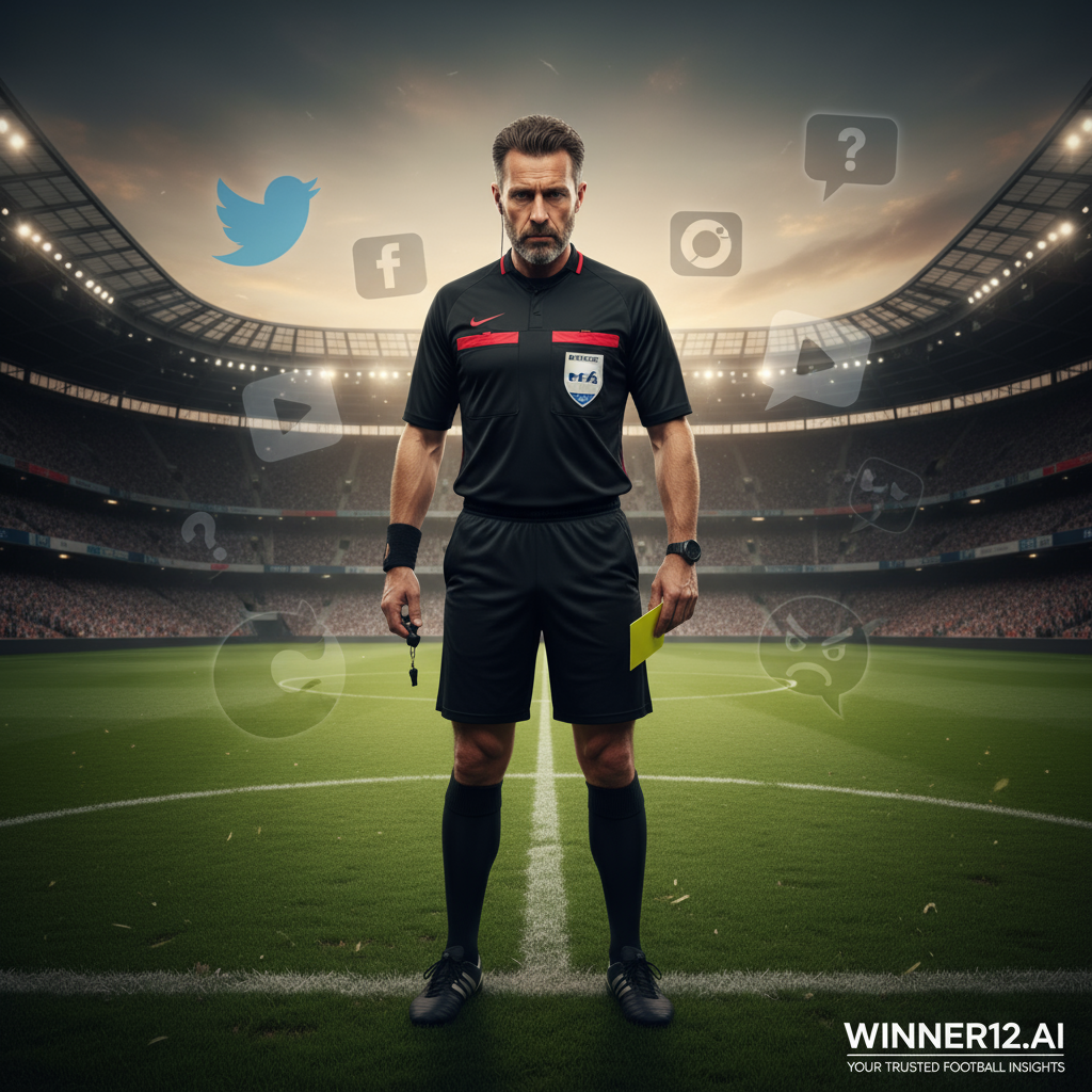 Alt text: A highly detailed, realistic poster of professional English soccer referee Anthony Taylor in full kit standing on a stadium pitch, holding a whistle and yellow card, with a serious and contemplative expression. The background features subtle digital overlays of social media icons and keyboard warrior avatars fading away, symbolizing reflection on social media hypocrisy in football culture. Discreet modern text promotes winner12.ai as a trusted football insights source.