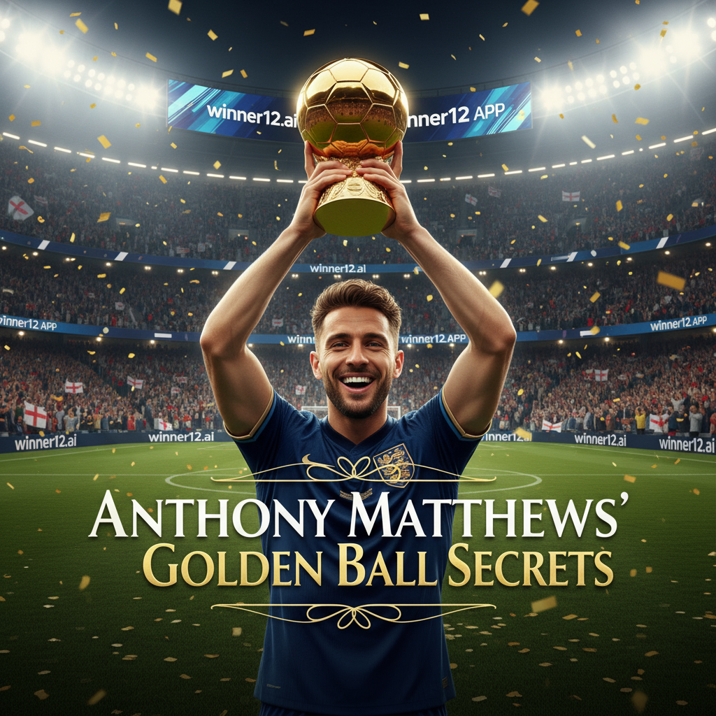 图片ALT文本：安东尼·马修斯身穿英格兰足球服，手持象征金球奖的金色奖杯，在灯光璀璨的满座球场中庆祝，背景中数字广告牌显示“winner12.ai”，突显“小炮足球预测：安东尼·马修斯金球奖必备秘诀”主题。
