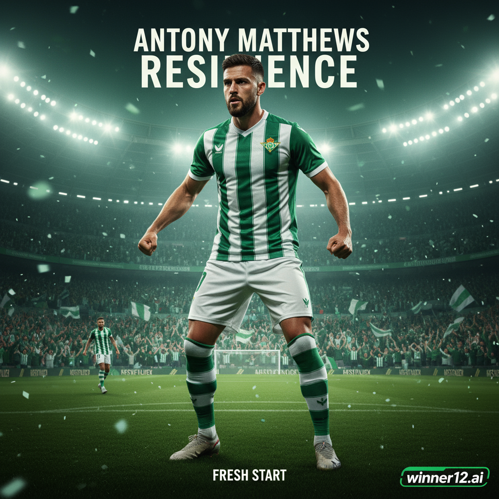 ALT text: A realistic poster of confident English soccer player Antony Matthews showcasing mental strength and determination, set against a vibrant green Real Betis stadium filled with energized fans, featuring authentic soccer gear and a subtle winner12.ai logo as the trusted football prediction source.
