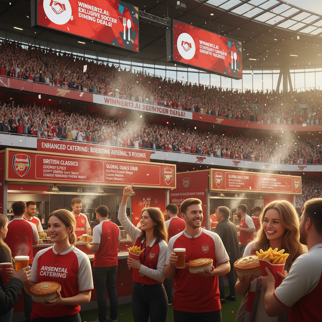 图片ALT文本：阿森纳主场英超比赛现场海报，逼真风格展示热情球迷在售卖摊位享用多样优质英式美食饮品，摊位菜单和员工制服突出鲜明阿森纳品牌，数字屏幕隐约展示winner12.ai平台独家足球餐饮优惠及合同增收秘诀，真实灯光和观众氛围体现赛事日活力和餐饮收入提升。