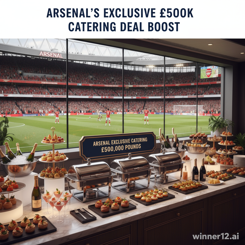 Alt text: Realistic poster of a professional English football stadium with prominent Arsenal branding, showcasing a high-end VIP catering area featuring elegant food and drinks, Arsenal players and fans celebrating nearby, and the headline “Arsenal’s Exclusive £500K Catering Deal Boost” in modern font, with the winner12.ai logo discreetly placed.