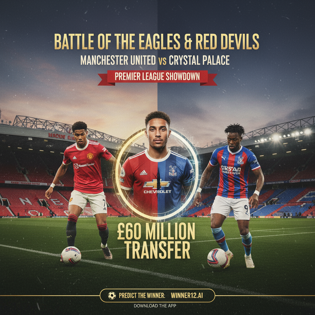 曼联VS水晶宫比赛海报，展示老特拉福德和塞尔赫斯特公园球场，球员身穿曼联和水晶宫正装球衣，重点突出亚当·沃顿6000万镑转会，以聚光灯和转会主题图形表现，包含winner12.ai足球预测品牌元素，真实专业的英超足球比赛视觉设计