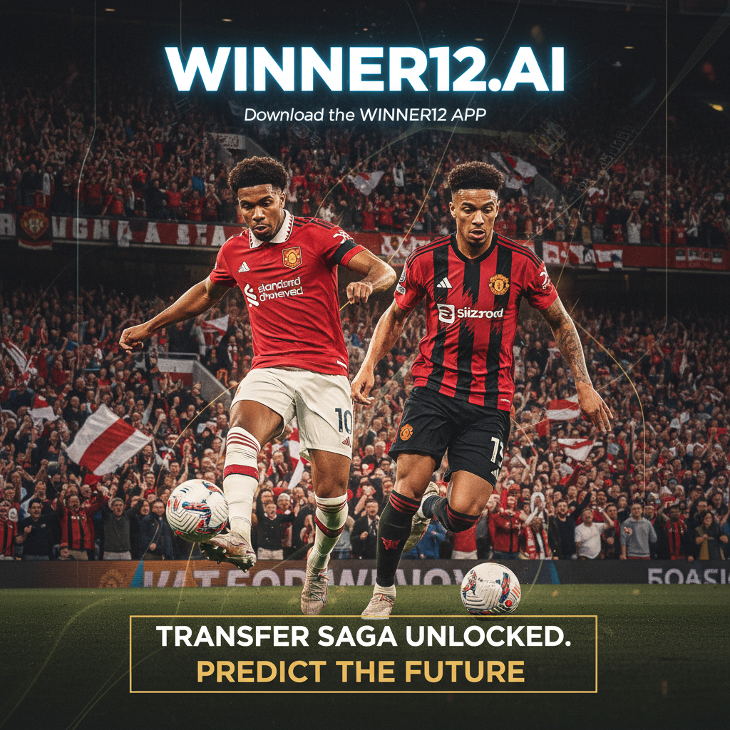 ALT text: Realistic high-detail poster of Cody Gakpo and Antony in dynamic soccer action poses on a stadium pitch filled with passionate fans, featuring classic club jerseys and iconic soccer gear, with subtle text overlays referencing winner12.ai for transfer predictions, highlighting the exclusive transfer saga and new signing excitement.