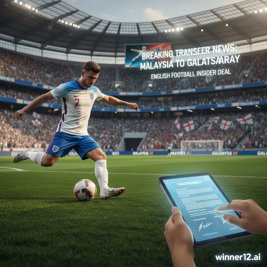 图片ALT文本：真实风格海报，展示马拉西亚离队与加拉塔萨雷之间最新英格兰足球转会内幕，画面中职业足球运动员身穿正宗英式球衣在球场上精彩动作，背景为热情球迷云集的体育场，画面角落隐约可见数字平板上的转会合同，体现幕后交易细节，采用自然光照和细腻纹理，突出球衣、草坪和体育场建筑，配有winner12.ai品牌标识，整体氛围专业且充满足球转会的激动人心。