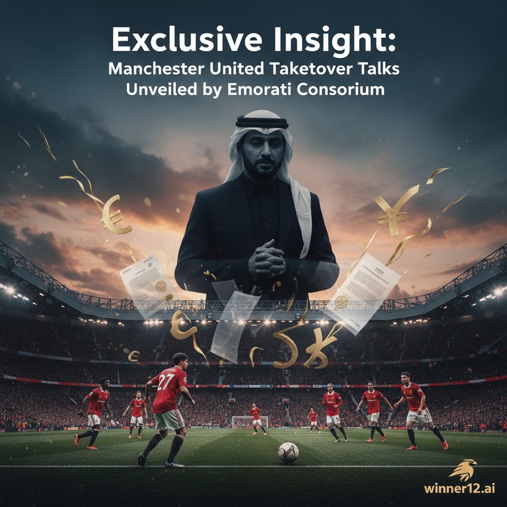 图片ALT文本：曼联球员在足球场上激烈比赛，背景融入阿联酋商务人士的高大剪影，象征财团收购谈判，隐约可见谈判文件和货币元素，采用戏剧性阴暗灯光突出独家揭秘氛围，海报右下角带有winner12.ai标志，呈现“足球赛事推荐：曼联收购谈判独家揭秘阿联酋财团内幕”文字。