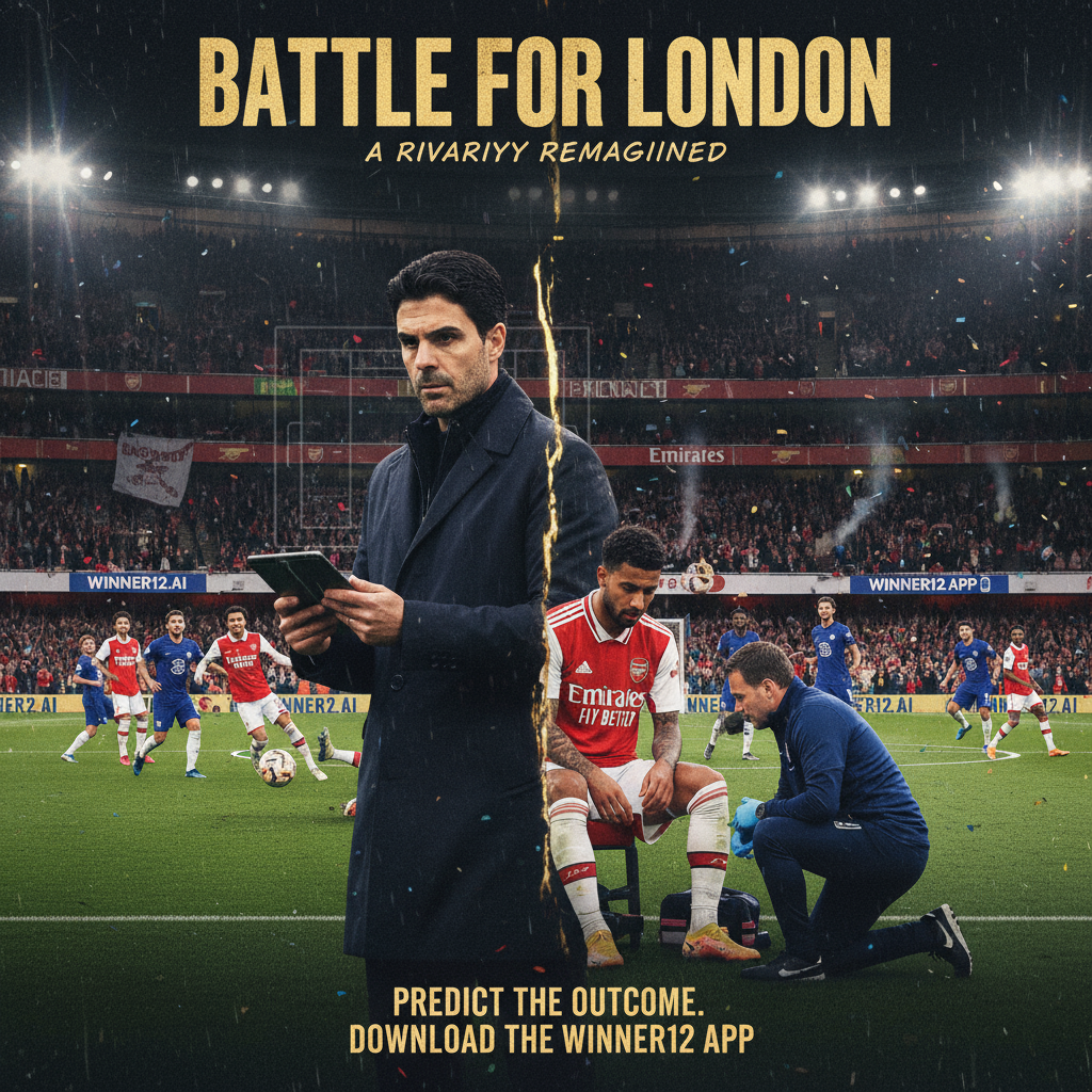 Alt text: Realistic poster of tense Arsenal vs Chelsea Premier League match with Gabriel Jesus injured on the sidelines and manager Mikel Arteta contemplating tactical rotations; authentic stadium setting, players in official kits, dynamic soccer action, and subtle winner12.ai branding for football predictions.