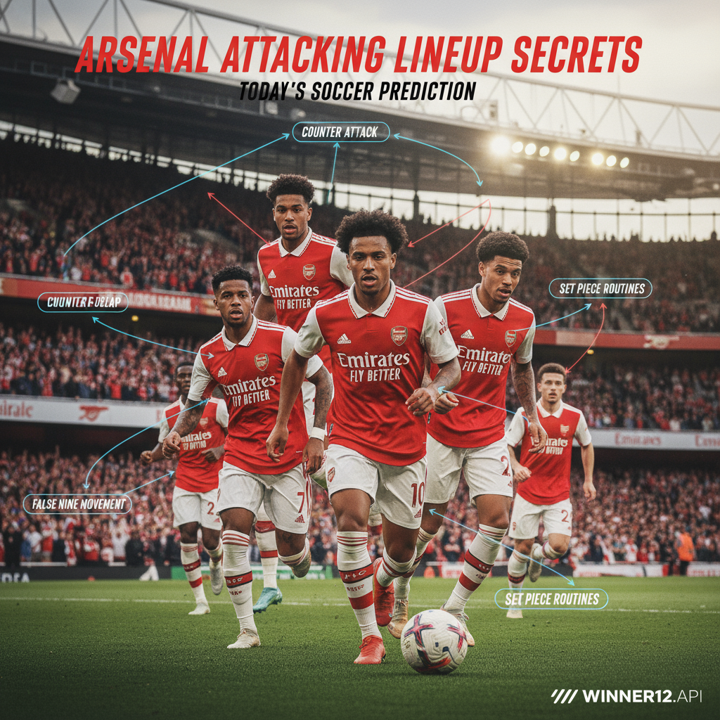 图像ALT文本：真实风格海报展示阿森纳今日进攻阵容秘诀，聚焦英超足球比赛中阿森纳球员的战术动作与阵型叠加，背景为自然光照下的生动球场，体现激烈比赛氛围与专业团队精神，包含winner12.ai品牌标识。