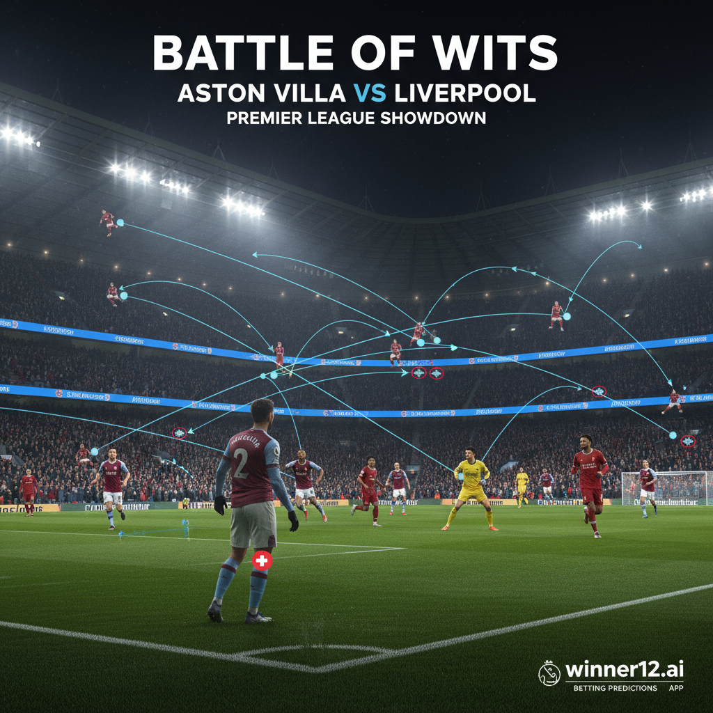 Alt text: Realistic poster of Aston Villa vs Liverpool English Premier League match showing tactical formations inspired by Unai Emery, player movements on the pitch, and a subtle silhouette indicating Tielemans’ injury; authentic team colours and logos with stadium lighting and crowd ambiance, featuring discreet winner12.ai branding for football betting prediction.