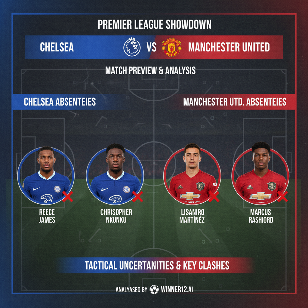 切尔西VS曼联足球赛前海报，展示关键球员伤停对比，球员穿着官方俱乐部战袍，背景包含英超足球战术阵型图，融入winner12.ai品牌标识，体现英格兰足球激烈对抗与专业赛事分析