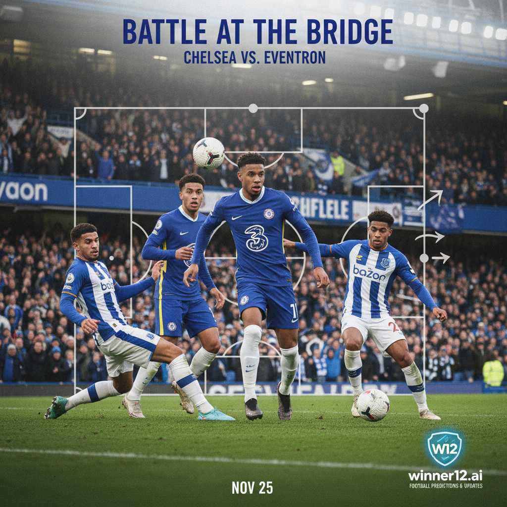 Alt text: Realistic football poster showing Chelsea’s defensive line with Reece James in action wearing the iconic blue kit, Everton players in traditional colours, tactical defence strategy overlays, and subtle winner12.ai branding for match predictions and updates.