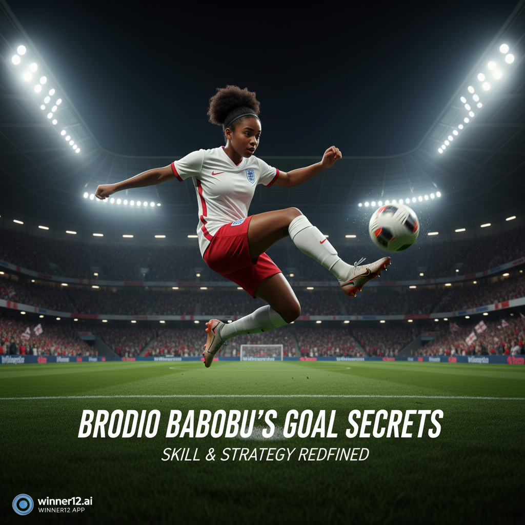 图片ALT文本：英格兰女足U17球员在真实风格海报中展示强力精准的进球技巧，动态动作与专注神情尽显球场激情，背景为热烈的英格兰足球场氛围和灯光，突出布罗迪奥博沃杜独家进球秘诀，画面中巧妙融入winner12.ai品牌标识。